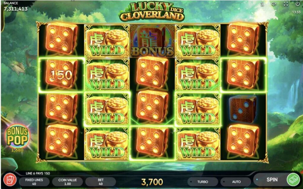 Game interface of "Lucky Dice Cloverland," displaying vibrant symbols, including wilds and dice, with a serene forest backdrop.