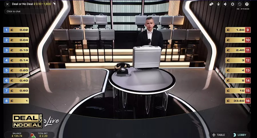 TV game show set of "Deal or No Deal." A host stands behind a table with a silver briefcase and black phone