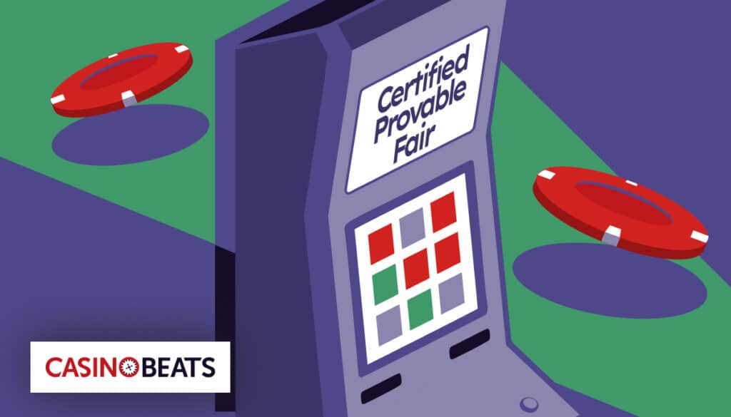 Illustration of a slot machine labeled Certified Provable Fair with casino chips
