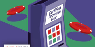 Illustration of a slot machine labeled Certified Provable Fair with casino chips