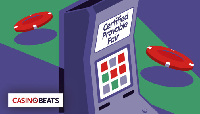 Illustration of a slot machine labeled Certified Provable Fair with casino chips
