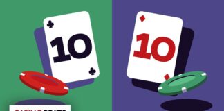 Should You Split 10s in Blackjack? Strategy, Math & Mistakes Explained Two playing cards displaying the number 10, one with a club symbol and the other with a diamond symbol, alongside poker chips.