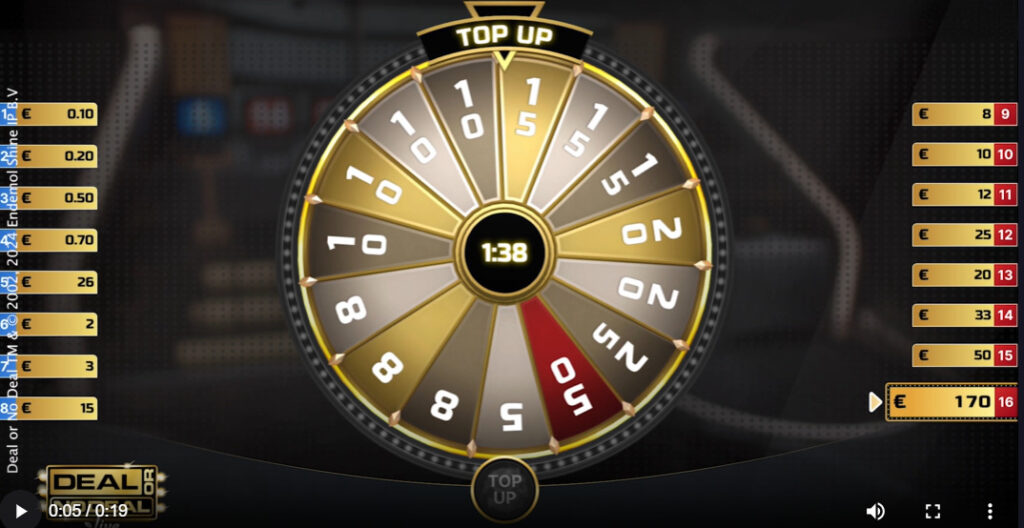 A top-view of a golden game wheel with 16 numbered segments and a timer at the center