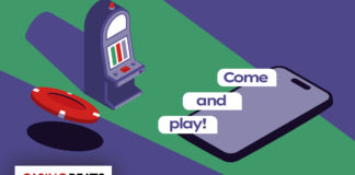 Slot machine, casino chip, and smartphone with text “Come and play!”