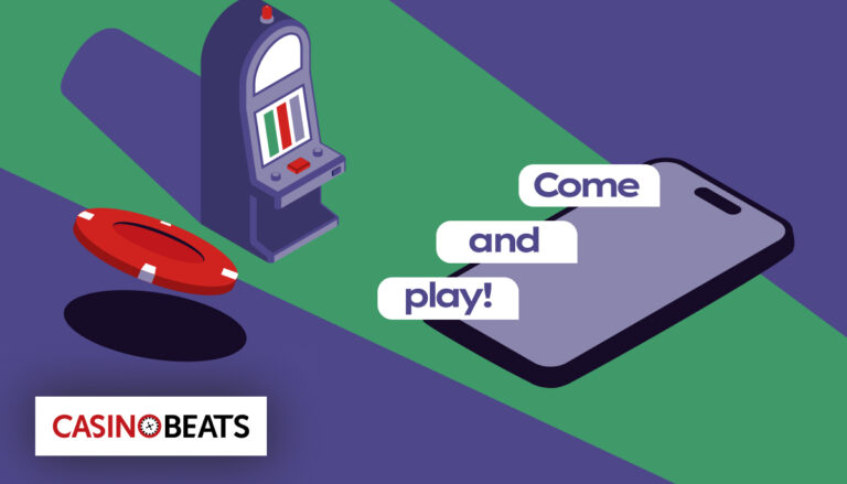 Slot machine, casino chip, and smartphone with text “Come and play!”
