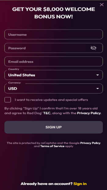 US Red Dog Casino registration form