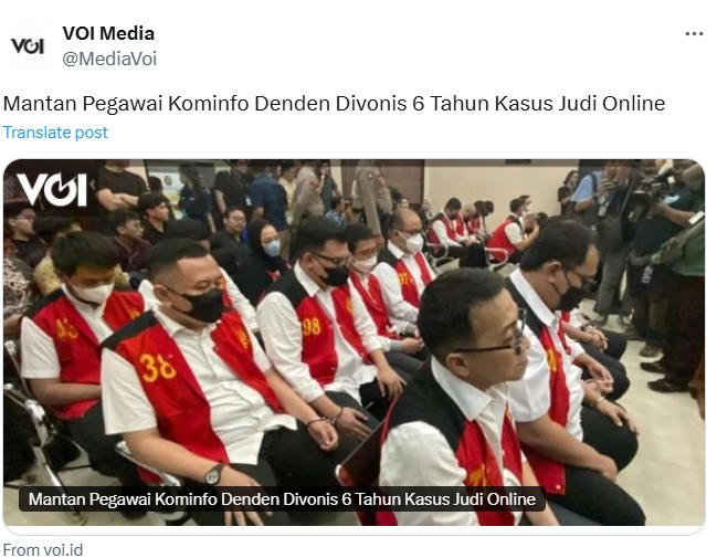 An X post from VOI Media showing former Indonesian Ministry of Communication and Information Technology employees in court awaiting sentencing.
