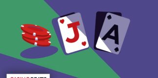 Illustration featuring casino elements: a stack of red chips and playing cards showing a Jack of Hearts and an Ace of Spades.