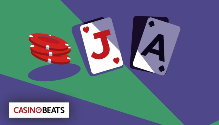 Illustration featuring casino elements: a stack of red chips and playing cards showing a Jack of Hearts and an Ace of Spades.