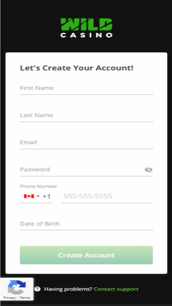 Wild Casino Registration form