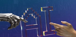 Robot hand and human hand pointing toward glowing AI letters on digital background.