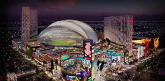 Architectural rendering of Bally’s planned resort and entertainment district next to the future Oakland A’s baseball stadium in Las Vegas.