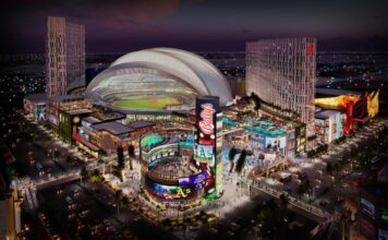 Analyst Questions Bally’s Commitment to Las Vegas Casino Resort Architectural rendering of Bally’s planned resort and entertainment district next to the future Oakland A’s baseball stadium in Las Vegas.