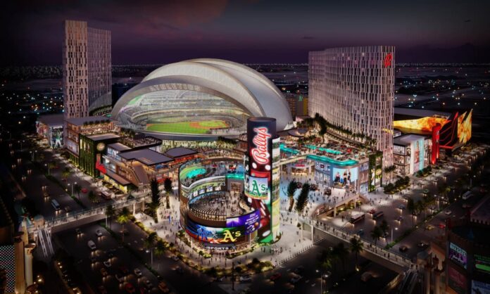 Architectural rendering of Bally’s planned resort and entertainment district next to the future Oakland A’s baseball stadium in Las Vegas.