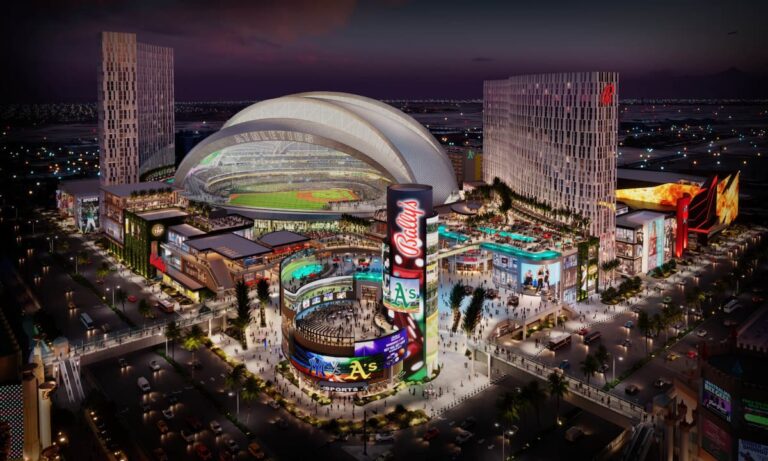 Architectural rendering of Bally’s planned resort and entertainment district next to the future Oakland A’s baseball stadium in Las Vegas.