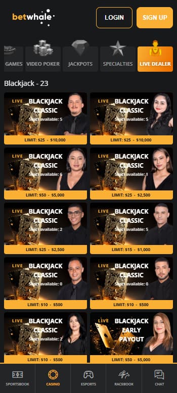 Betwhale live dealer page