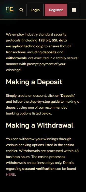 Decode Casino banking page