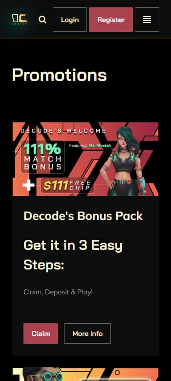 Decode Casino promotions page