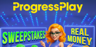 Animated woman in front of sweepstakes and real money signs with flying coins.