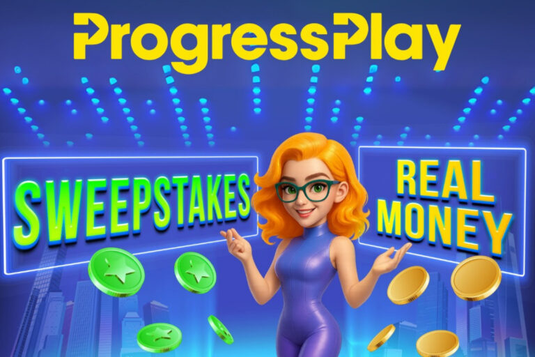 Animated woman in front of sweepstakes and real money signs with flying coins.
