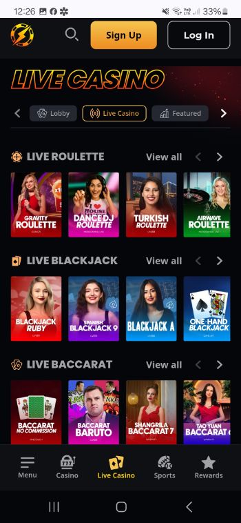 Instant casino mobile screenshot - live games