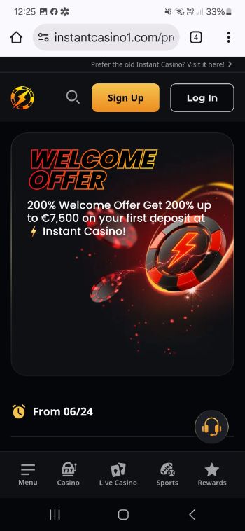 Instant casino mobile screenshot - welcome offer