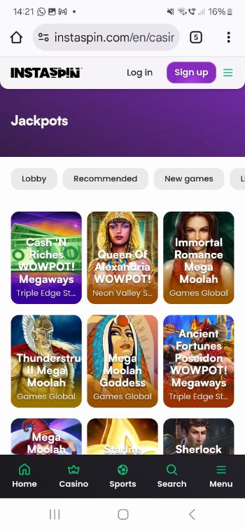Instaspin mobile casino screenshot - games