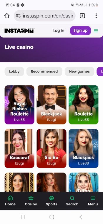 Instaspin mobile casino screenshot live selection