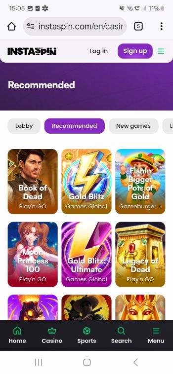 Instaspin mobile casino screenshot - games