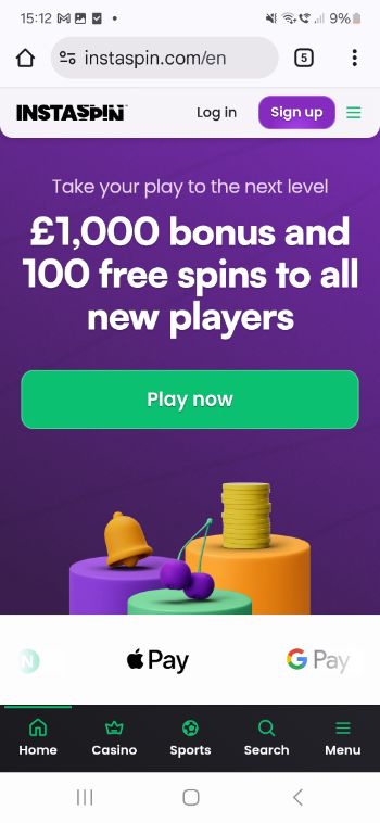 Instaspin mobile casino screenshot bonus offer