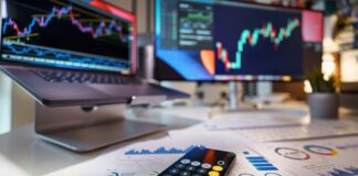 A calculator and charts sit on a desk in front of computer monitors