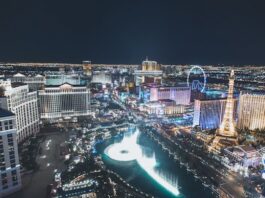 Aerial view of the Las Vegas Strip at night with illuminated casinos and hotels