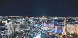 Aerial view of the Las Vegas Strip at night with illuminated casinos and hotels