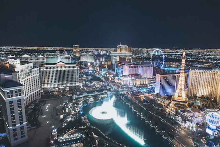 Aerial view of the Las Vegas Strip at night with illuminated casinos and hotels