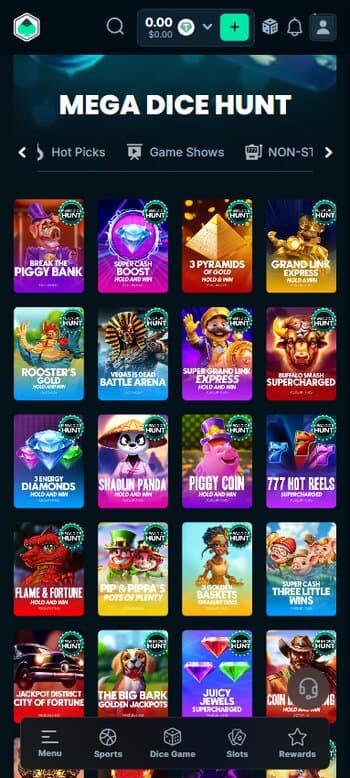 Megadice casino games page
