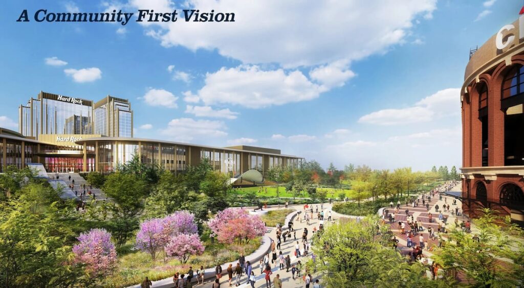 Rendering of Metropolitan Park casino and hotel with green space near Citi Field.