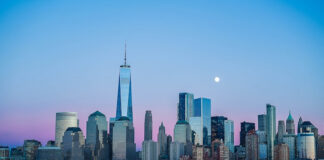 New York City skyline with One World Trade Center at dusk