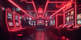 slots hall with red neon lights