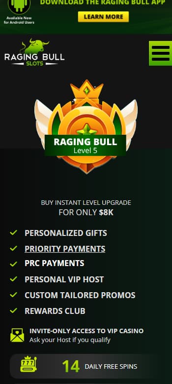 Raging Bull Slots VIP offer page