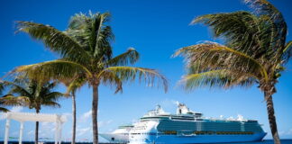 Royal Caribbean Passenger Allegedly Jumps Overboard to Escape $16K Gambling Debt Royal Caribbean cruise ship docked near a tropical beach with palm trees.