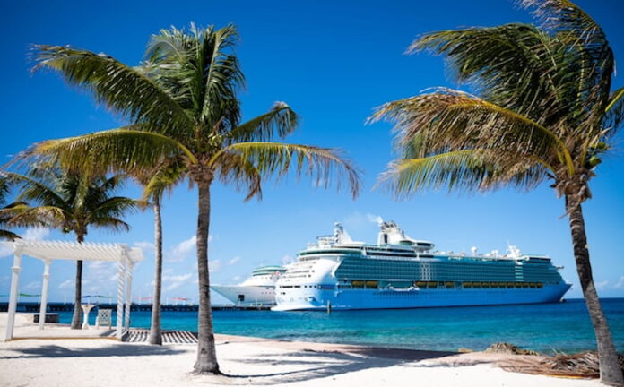 Royal Caribbean cruise ship docked near a tropical beach with palm trees.