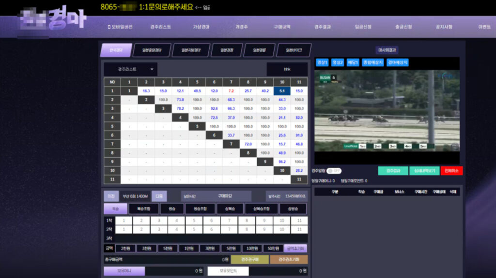 A screenshot of an illegal, Korean-language horse racing website, featuring illegally streamed live footage of South Korean horse races.