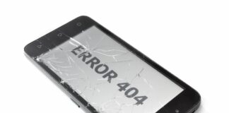 Broken smartphone screen displaying “Error 404.”