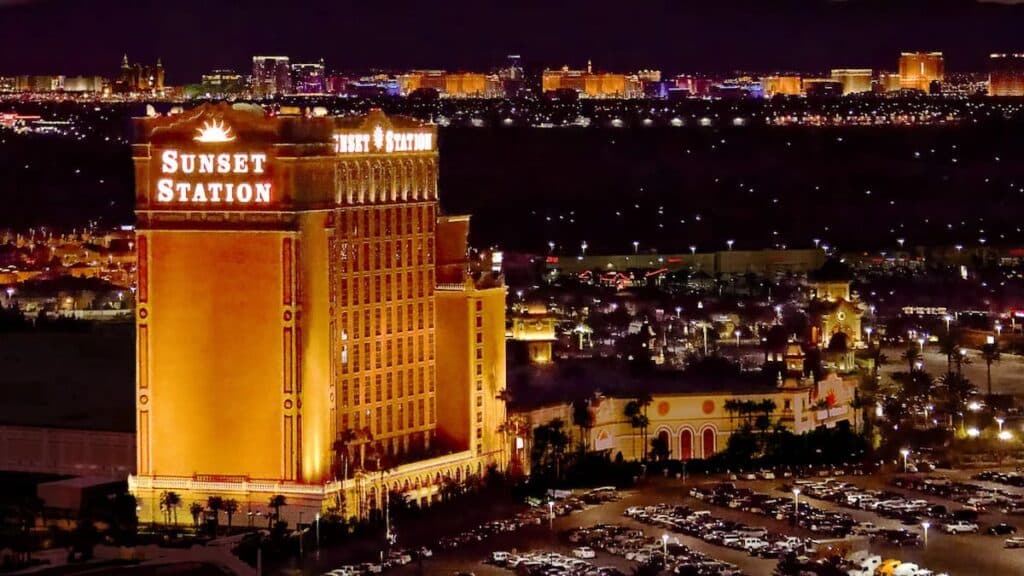 Sunset Station Hotel and Casino illuminated at night in Henderson, Nevada