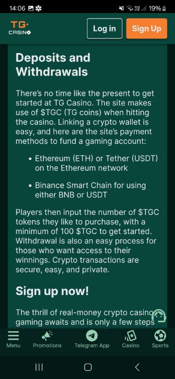 TG.Casino Indian casino mobile page - deposits and withdrawals details
