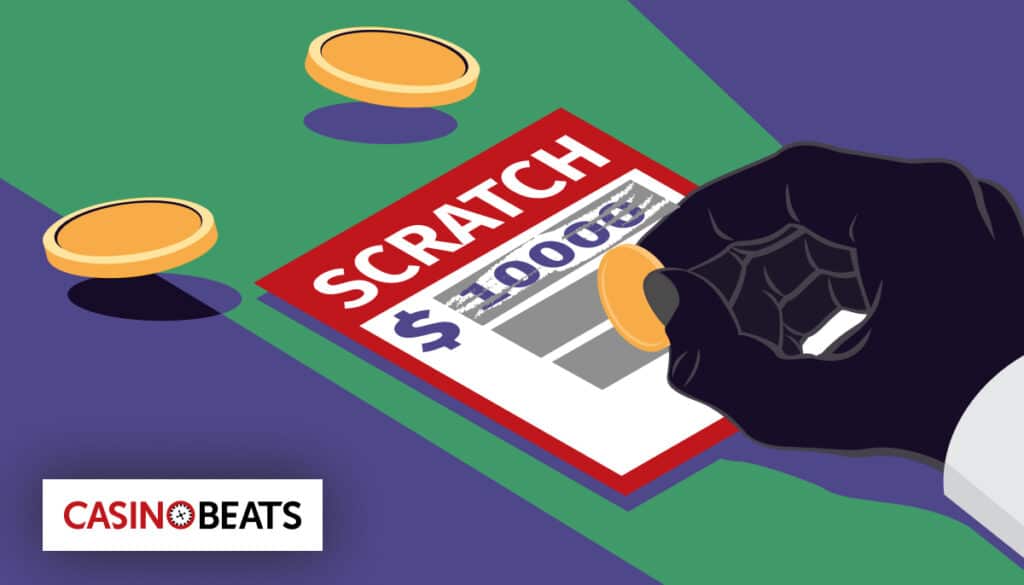 Illustration of a hand scratching a lottery ticket labeled "SCRATCH" with a coin, revealing a $10,000 prize