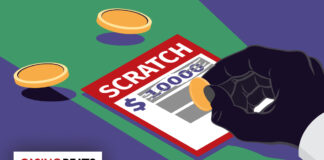 Illustration of a hand scratching a lottery ticket labeled "SCRATCH" with a coin, revealing a $10,000 prize