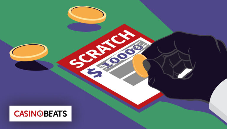 Illustration of a hand scratching a lottery ticket labeled "SCRATCH" with a coin, revealing a $10,000 prize