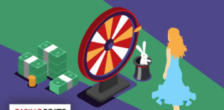 Illustration of a woman in a blue dress facing a large spinning wheel, stacks of money, coins, and a rabbit in a hat