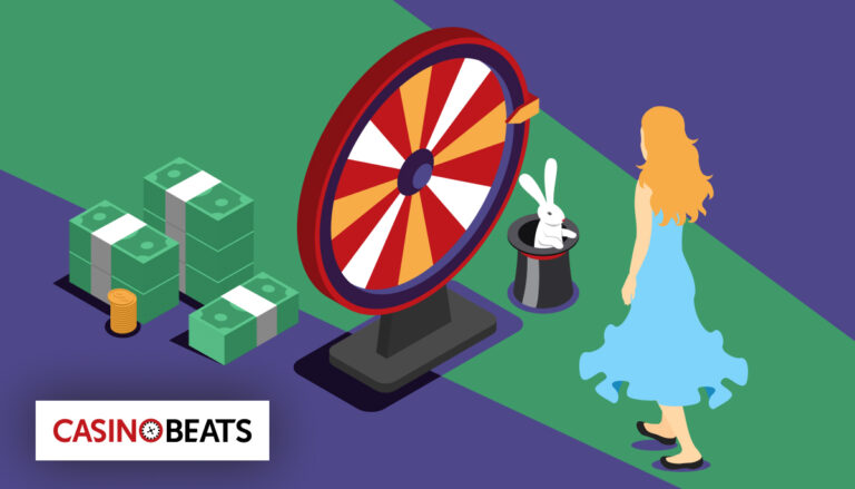 Illustration of a woman in a blue dress facing a large spinning wheel, stacks of money, coins, and a rabbit in a hat